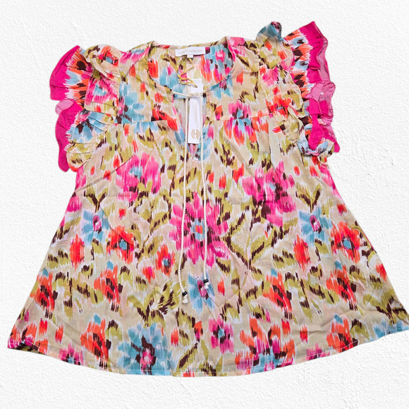House of Harlow Pink Floral Zoey Khaki Floral Ruffle Sleeve Blouse Size Large - Picture 2 of 13